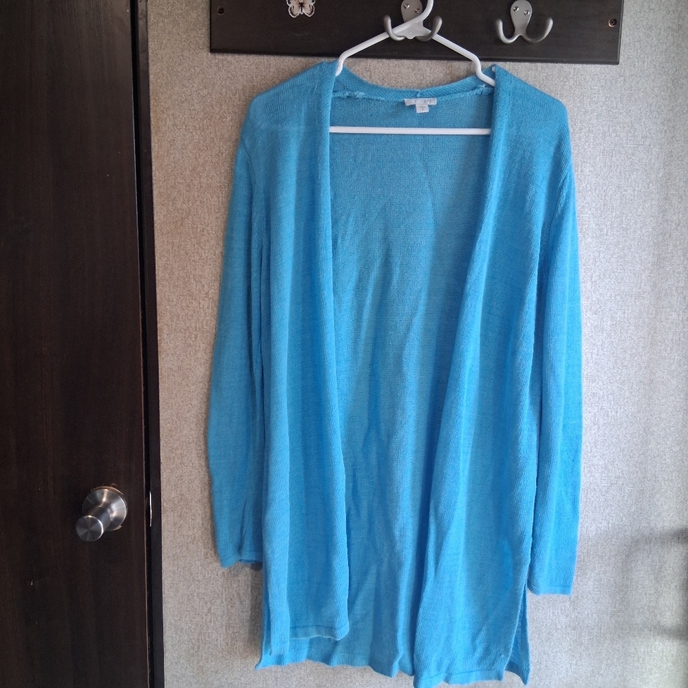 J. Jill Blue Open knit long line Duster Cardigan Linen Blend Med summer